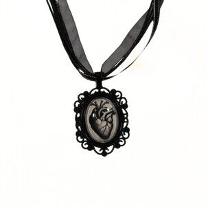 Handmade Gothic Anatomical Heart Necklace Black w/ Silver Metallic Ribbon